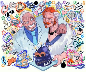 Rule 34 | 2boys, alaric (peedeeseel), bara, birthday, birthday cake, burning nipple, cake, dark-skinned male, dark skin, dendenmushi, dog, facial hair, food, formal clothes, goatee, grey hair, grin, happy birthday, highres, male focus, mature male, monkey d. garp, multicolored hair, multiple boys, mustache, necktie, oc x canon, old, old man, one piece, orange hair, original, pectoral cleavage, pectorals, second-party source, short hair, sleep mask, smile, streaked hair, suit, thick eyebrows, white hair, yaoi