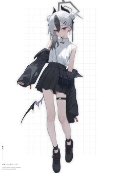 Rule 34 | 1girl, absurdres, alternate costume, amenatsu, bag, black hair, black horns, black shoes, black skirt, blue archive, closed mouth, demon horns, demon wings, detached sleeves, double bun, ear piercing, earclip, grey halo, hair bun, halo, handbag, highres, horns, kayoko (blue archive), looking at viewer, multicolored hair, o-ring, o-ring thigh strap, piercing, red eyes, shirt, shoes, shoulder bag, simple background, single wing, skirt, sleeveless, sleeveless shirt, sleeves past wrists, solo, thigh strap, two-tone hair, white hair, wings