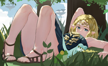 1girl arm_up armpits bare_shoulders blonde_hair blue_dress blue_eyes breasts circlet cloud cloudy_sky dddm dress feet forest frog grass green_dress knees_up looking_at_viewer lying medium_breasts nature nintendo on_back outdoors pointy_ears princess_zelda sandals short_hair sidelocks sky sleeveless sleeveless_dress solo the_legend_of_zelda the_legend_of_zelda:_tears_of_the_kingdom thighs tree
