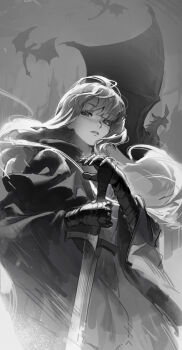 1girl armor dethmaid dragon gauntlets greyscale highres monochrome original solo_focus sword tagme weapon