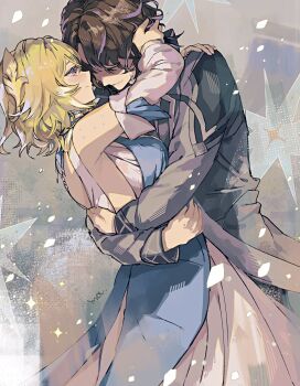 1boy 1girl arms_around_waist bare_shoulders blonde_hair blue_dress breasts brown_hair closed_mouth coat couple detached_sleeves dress eyelashes facing_another genshin_impact grey_coat grey_sleeves hair_ornament hair_over_eyes half-closed_eyes hand_in_another&#039;s_hair hand_on_another&#039;s_back hand_on_another&#039;s_hip hand_on_another&#039;s_shoulder hands_up hetero highres hug lapels large_breasts layered_dress long_sleeves looking_at_another multicolored_hair obakeno_m purple_hair rerir_(genshin_impact) short_hair smile streaked_hair tears tholindis_(genshin_impact) white_dress white_sleeves yellow_eyes