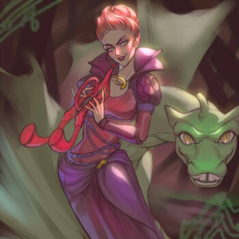 Rule 34 | 1girl, absurdres, animification, barbie (franchise), barbie and the diamond castle, commentary, dragon, dress, english commentary, eyelashes, eyeshadow, green eyes, grin, high collar, highres, holding, holding instrument, instrument, jewelry, lips, lipstick, long sleeves, luverihu, lydia (barbie), makeup, mature female, musical note, necklace, puffy sleeves, skirt, slyder (barbie), smile, smirk, teeth, tooth gap, updo, upper body, v-shaped eyebrows