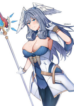 1girl absurdres artist_name black_pantyhose blue_eyes blush breasts cleavage closed_mouth commentary curly_hair dress english_commentary gloves grey_hair head_wings highres holding holding_staff large_breasts long_hair looking_at_viewer meidza_d melia_antiqua pantyhose simple_background smile solo staff standing twitter_username white_background white_gloves wings xenoblade_chronicles_(series) xenoblade_chronicles_3