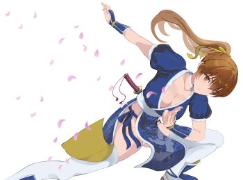 1girl breasts brown_eyes brown_hair cleavage dead_or_alive falling_petals hidora1716 highres kasumi_(doa) large_breasts long_hair ninja panties pelvic_curtain petals short_sleeves sword thighhighs underwear weapon white_background