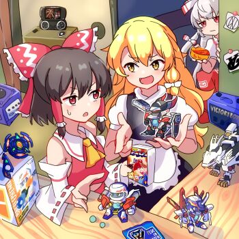 3girls :d :o apron ascot baggy_pants bare_shoulders beyblade beyblade_(object) black_hair black_skirt black_vest blonde_hair bow closed_mouth collared_shirt copyright_request detached_sleeves frilled_apron frilled_bow frilled_hair_tubes frills fujiwara_no_mokou game_console gamecube hair_bow hair_tubes hakurei_reimu highres indoors kappy745 kirisame_marisa long_hair long_sleeves midriff multiple_girls nintendo open_mouth pants playstation_portable playstation_portable_go puffy_short_sleeves puffy_sleeves red_bow red_eyes red_pants red_shirt red_skirt ribbon-trimmed_sleeves ribbon_trim shirt short_hair short_sleeves side_ponytail skirt sleeveless sleeveless_shirt smile sony sony_psp sweatdrop touhou very_long_hair vest waist_apron white_apron white_hair white_shirt white_sleeves wide_sleeves yellow_ascot yellow_eyes