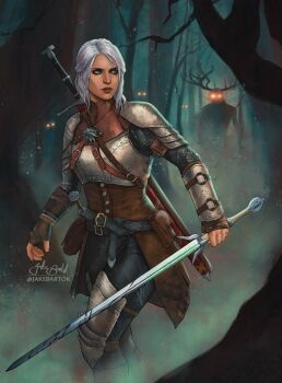1girl armor artist_name ciri fog forest glowing glowing_eyes green_eyes highres holding holding_sword holding_weapon jr_bartok leshen looking_to_the_side nature outdoors pauldrons shoulder_armor signature solo_focus sword the_witcher_(series) tree weapon witcher_medallion