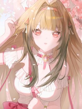 1girl animal_ears bow bracelet breasts cherry_blossoms collar commentary detached_sleeves droopy_ears fox_ears frilled_collar frilled_sleeves frills gradient_hair hair_ornament headband highres jewelry large_breasts long_hair multicolored_hair nail_polish official_alternate_costume parted_lips red_eyes ria_(ria_tt2) strap ye_shunguang zenless_zone_zero