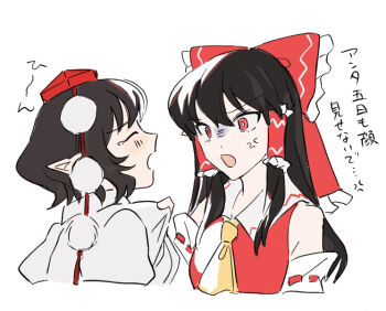 2girls anger_vein angry ascot bow brown_hair clothes_grab commentary_request detached_sleeves frilled_bow frilled_hair_tubes frills hair_bow hair_tubes hakurei_reimu hat long_hair multiple_girls open_mouth pointy_ears pom_pom_(clothes) red_bow red_eyes red_hat ribbon-trimmed_sleeves ribbon_trim shameimaru_aya shirt simple_background tokin_hat touhou translation_request uehara_suiyo white_background white_shirt yellow_ascot