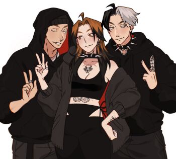 Rule 34 | 1girl, 2boys, black hair, black hoodie, black panties, black pants, black tank top, breasts, brown eyes, brown hair, chest tattoo, cleavage, collar, commentary, earrings, english commentary, face piercing, freckles, gluca, grey hair, heart, heart earrings, highres, hood, hood up, hooded jacket, hoodie, jacket, jewelry, lowleg, lowleg pants, medium breasts, mole, mole above mouth, mole under mouth, multicolored hair, multiple boys, nose piercing, nose ring, off shoulder, one eye closed, panties, pants, piercing, real life, ring, self-portrait, side-tie panties, spiked collar, spikes, split-color hair, stomach tattoo, streaked hair, tank top, tattoo, two-tone hair, underwear, v, w, wrist tattoo