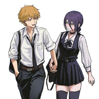 1boy 1girl bag belt black_bag black_choker black_dress black_necktie black_pants black_ribbon black_thighhighs blonde_hair blue_eyes breasts brown_belt chainsaw_man choker closed_mouth collared_shirt commentary couple cowboy_shot denji_(chainsaw_man) dress green_eyes hair_between_eyes hair_bun hand_in_pocket hetero highres holding_hands interlocked_fingers light_blush looking_at_another medium_breasts medium_hair neck_ribbon necktie open_mouth pants pinafore_dress red_eyes reze_(chainsaw_man) ribbon school_uniform sharp_teeth shirt shirt_under_dress short_hair shoulder_bag skrillex_li sleeveless sleeveless_dress sleeves_rolled_up smile symbol-only_commentary teeth thighhighs updo white_background white_shirt