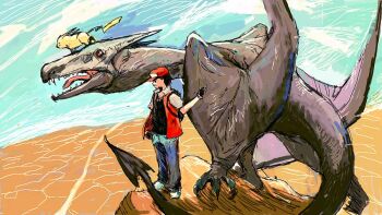 aerodactyl gen_1_pokemon kiwakiwa nintendo pikachu pokemon pokemon_(creature) red_(pokemon) tagme