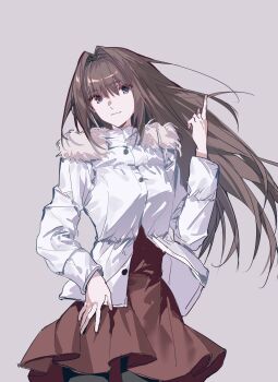 Rule 34 | 1girl, aozaki aoko, black pantyhose, blue eyes, breasts, brown hair, closed mouth, coat, dress, floating clothes, floating hair, fur-trimmed coat, fur trim, hair between eyes, hair intakes, hand up, highres, index finger raised, lamia oh, long hair, long sleeves, looking at viewer, mahou tsukai no yoru, pantyhose, red dress, sidelocks, simple background, smile, solo, white coat