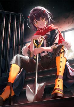 1boy androgynous black_pants earrings eyelashes grin jewelry looking_at_viewer male_focus mashiro_meme mitama_(mokochiko) nijisanji orange_eyes pants pantyhose shirt short_hair shovel sitting sitting_on_stairs smile solo stairs trap two_side_up white_shirt window yellow_pantyhose
