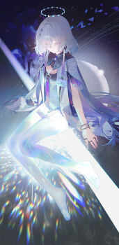 1girl absurdres barefoot breasts closed_mouth colored_eyelashes commentary dress earrings eyes_visible_through_hair full_body glowing grey_hair hair_ornament hair_over_one_eye halo highres id_card jacket jewelry long_hair modare mornye_(wuthering_waves) planet purple_dress red_eyes see-through_body sitting small_breasts solo toes triangle_earrings white_jacket wuthering_waves