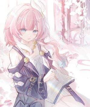 2girls absurdres aqua_hair bare_shoulders blue_eyes book breasts chinese_commentary coat commentary_request cyrene_(aedes_elysiae)_(honkai:_star_rail) cyrene_(honkai:_star_rail) cyrene_(ripples_of_past_reverie)_(honkai:_star_rail) dress highres honkai:_star_rail honkai_(series) jewelry long_hair multicolored_hair multiple_girls necklace open_book pink_hair purple_coat short_hair small_breasts sumuan84080 two-tone_hair very_long_hair white_dress white_hair