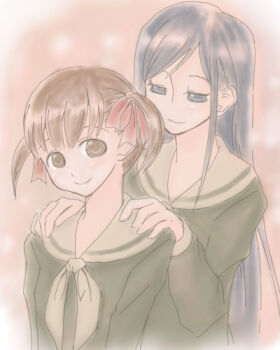 2girls bad_link black_hair brown_eyes brown_hair fukuzawa_yumi green_serafuku grey_eyes hair_ribbon hands_on_another&#039;s_shoulders kakifly lillian_girls&#039;_academy_school_uniform long_hair long_sleeves looking_at_another looking_at_viewer lowres maria-sama_ga_miteru multiple_girls ogasawara_sachiko ribbon sailor_collar school_uniform serafuku short_twintails smile twintails watercolor_effect yellow_sailor_collar
