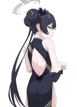 1girl back back_cutout black_dress black_hair blue_archive braid braided_bun butterfly_hair_ornament china_dress chinese_clothes clothes_lift clothing_cutout commentary_request double_bun dragon_print dress expressionless from_behind grey_eyes grey_halo hair_bun hair_ornament halo highres kisaki_(blue_archive) lifting_own_clothes looking_at_viewer looking_back mandara3a pelvic_curtain pelvic_curtain_lift print_dress sleeveless sleeveless_dress solo white_background