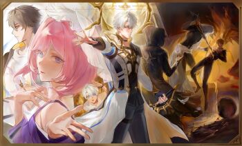 1girl 6+boys absurdres bare_shoulders black_hood black_pantyhose blonde_hair blue_eyes border caelus_(honkai:_star_rail) chinese_commentary coat commentary_request coreflame_(honkai:_star_rail) cyrene_(honkai:_star_rail) flame_reaver_of_the_deepest_dark gold_blood halo highres holding holding_sword holding_weapon honkai:_star_rail honkai_(series) multiple_boys multiple_persona pantyhose phainon_(honkai:_star_rail) phainon_(khaslana)_(honkai:_star_rail) pink_hair purple_coat shirt short_hair stab sword trailblazer_(honkai:_star_rail) weapon white_coat white_hood white_shirt yellow_eyes zephyro zzzz683772