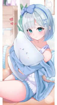 1girl absurdres bare_shoulders blue_bow blue_eyes blue_hairband blue_shorts blue_sweater blunt_bangs bow bow_hairband closed_mouth collarbone cowboy_shot drawer grey_hair hairband heart highres hugging_object indoors kaga_sumire light_blush long_sleeves loungewear medium_hair nanolife_87819 outside_border pillarboxed pillow pillow_hug short_shorts shorts sitting smile solo straight_hair sweater virtual_youtuber vspo!