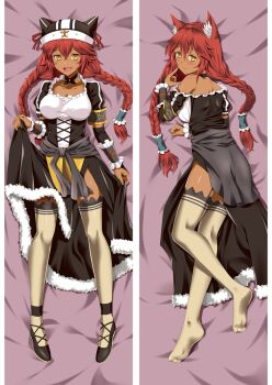 1girl animal_ear_fluff animal_ears bed_sheet black_dress black_sleeves braid bridal_gauntlets collarbone dakimakura_(medium) dark-skinned_female dark_skin dress from_above full_body fur-trimmed_dress fur_trim garter_straps long_hair long_sleeves looking_at_viewer lupusregina_beta lying moeanime on_back on_side overlord_(maruyama) red_hair shiny_skin shirt skirt_hold solo split_screen thighhighs twin_braids very_long_hair white_shirt white_thighhighs wolf_ears yellow_eyes