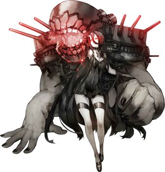 1girl abyssal_ship akira_(kadokawa) battleship_princess black_dress black_hair black_horns black_nails black_shoes breasts cannon cleavage colored_skin demon_girl dress extra_arms full_body glowing glowing_eyes horns kantai_collection large_breasts long_hair official_art pale_skin red_eyes shoes short_dress simple_background skin-covered_horns solo thighhighs transparent_background very_long_hair weapon white_background white_skin white_thighhighs