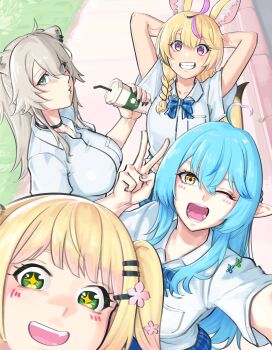 Rule 34 | + +, 4girls, absurdres, ahoge, animal ear fluff, animal ear piercing, animal ears, anstatic, arms behind back, black choker, blonde hair, blue bow, blue bowtie, blue hair, blue skirt, blunt bangs, blush, bow, bowtie, braid, breasts, choker, collared shirt, commentary request, day, double-parted bangs, drink, elf, fang, flower, fox ears, fox girl, from above, grey hair, grin, hair flower, hair ornament, hair over shoulder, hairclip, heart, heart ahoge, highres, holding, holding drink, hololive, lion ears, lion girl, long hair, looking at viewer, momosuzu nene, multicolored hair, multiple girls, nepolabo, official alternate costume, official alternate hairstyle, omaru polka, open mouth, outdoors, pink flower, pink hair, plaid bow, plaid bowtie, plaid clothes, pointy ears, school uniform, selfie, shirt, shishiro botan, side braid, sidelocks, single braid, skirt, smile, streaked hair, twintails, v, virtual youtuber, white shirt, yukihana lamy