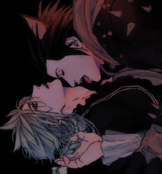 2boys animal_ears black_background black_dress black_hair blonde_hair braid closed_eyes cloud_strife cloud_strife_(black_dress) cross_scar crossdressing crossdressing_(mtf) dog_ears dress final_fantasy final_fantasy_vii final_fantasy_vii:_ever_crisis final_fantasy_vii_remake frilled_dress frills hair_between_eyes hair_slicked_back highres hood hood_down ht8207 jacket licking licking_another&#039;s_neck long_hair male_focus medium_hair multiple_boys official_alternate_costume scar sideburns spiked_hair studded_jacket twin_braids yaoi zack_fair zack_fair_(black_hound)