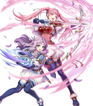 2girls armor arrow_(projectile) attack belt black_thighhighs blue_boots blue_cape blue_gloves blue_thighhighs blush boots bow_(weapon) breastplate breasts brown_belt cape circlet dagger dress elbow_gloves fighting_stance fingerless_gloves fire_emblem fire_emblem:_the_blazing_blade fire_emblem:_three_houses fire_emblem_heroes florina_(fire_emblem) florina_(skyward_wings)_(fire_emblem) gloves gomashio_ponz green_eyes hairband headband highres hilda_valentine_goneril hilda_valentine_goneril_(skyward_wings) holding holding_bow_(weapon) holding_dagger holding_knife holding_weapon knife long_hair looking_at_viewer multiple_girls nintendo non-web_source official_alternate_costume official_art open_mouth pink_dress pink_eyes pink_hair purple_hair quiver sheath short_sleeves shoulder_armor simple_background smile thigh_boots thighhighs twintails weapon white_background white_cape white_dress white_hairband white_headband