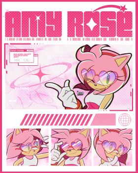 1girl absurdres adjusting_eyewear amy_rose animal_ears animal_nose artist_name barcode bare_shoulders border bracelet breasts character_name closed_mouth commentary daeream english_commentary english_text eyelashes furry furry_female glasses gloves gold_bracelet green_eyes grid_background hairband hand_up heart heart-shaped_eyewear hedgehog highres index_finger_raised jewelry looking_at_viewer medium_breasts multiple_views one_eye_closed open_mouth pink-tinted_eyewear pink_background pink_border pink_fur pink_theme pointing purple-tinted_eyewear red-tinted_eyewear red_hairband shirt sleeveless sleeveless_shirt smile sonic_(series) sonic_riders_(series) sparkle star_(symbol) sunglasses tinted_eyewear upper_body vectors white_gloves white_shirt window_(computing)