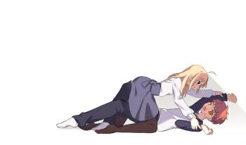 Rule 34 | ahoge, artoria pendragon (fate), black pants, black pantyhose, blonde hair, blouse, blue skirt, brown eyes, dun dudu, emiya shirou, fate/stay night, fate (series), girl on top, green eyes, medium hair, orange hair, pants, pantyhose, raglan sleeves, saber (fate), shadow, shirt, simple background, skirt, socks, white background, white shirt