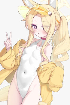 1girl animal_ears blonde_hair blue_archive collarbone commentary covered_navel fox_ears fox_girl fox_tail grey_background halo highleg highleg_one-piece_swimsuit highres jacket long_hair long_sleeves looking_at_viewer metaljelly official_alternate_costume one-piece_swimsuit open_clothes open_jacket purple_eyes seia_(blue_archive) seia_(swimsuit)_(blue_archive) side_ponytail simple_background solo swimsuit tail thighs v visor_cap white_one-piece_swimsuit yellow_halo yellow_jacket
