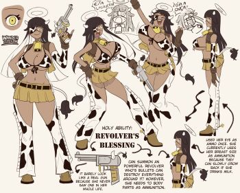1girl ^_^ animal_ears animal_print arrow_(symbol) bare_shoulders bell belt bikini bikini_top_only black_hair black_nails blunt_bangs boots bouncing_breasts breast_reduction breasts brown_gloves brown_skirt brown_vest chaps reference_sheet cleavage closed_eyes collar colored_inner_hair cow_ears cow_girl cow_horns cow_print cow_print_bikini cow_print_sleeves cow_tail cowbell cowgirl_(western) cropped_vest dark-skinned_female dark_skin detached_sleeves english_text eyepatch fingerless_gloves fingernails flat_chest from_side full_body gloves gun halo handgun highres hime_cut holding holding_gun holding_weapon horns large_breasts long_hair microskirt mimosa_(wanderjegson) miniskirt mole mole_on_breast multicolored_hair multicolored_nails multiple_views nail_polish navel neck_bell one_eye_covered open_clothes open_mouth open_vest original pinky_out portuguese_text print_bikini print_eyepatch revolver skirt smile swimsuit tail teeth two-tone_hair upper_teeth_only vest wanderjegson weapon white_hair white_halo white_nails yellow_eyes