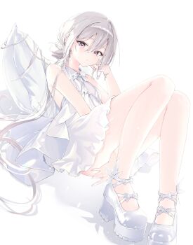 1girl absurdres angel_wings between_legs blush bow bracelet breasts closed_mouth dress earrings grey_hair hair_between_eyes hair_bun hand_between_legs high_heels highres inubouzaki_(i_nu1515) jewelry knees_up long_hair looking_at_viewer original simple_background sleeveless sleeveless_dress small_breasts solo very_long_hair white_background white_bow white_dress white_hair white_theme white_wings wings