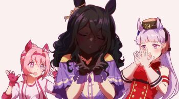 3girls absurdres animal_ears armband black_hair blowing_kiss blush bow bridle brown_hair brown_hat camellia_(camel_mal) capelet closed_eyes crossed_bangs dark-skinned_female dark_skin dress ear_bow ear_covers ear_ornament facing_viewer fingerless_gloves flower-shaped_pupils friesian_horse_girl gloves gold_ship_(red_strife)_(umamusume) gold_ship_(umamusume) grey_hair gym_shirt hair_between_eyes hands_up haru_urara_(bestest_prize)_(umamusume) haru_urara_(umamusume) hat headband high_ponytail highres horse_ears jacket long_hair long_sleeves multicolored_hair multiple_girls open_clothes open_jacket open_mouth original parted_lips pillbox_hat pink_gloves pink_hair pink_headband ponytail red_dress shirt simple_background sleeveless sleeveless_dress striped_armband striped_clothes symbol-shaped_pupils two-tone_hair umamusume umapyoi_densetsu upper_body very_dark_skin white_gloves