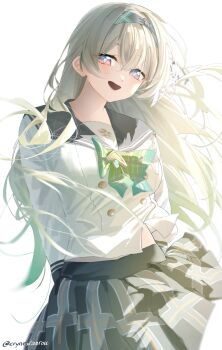 1girl black_ribbon blush bow bowtie buttons collared_shirt commentary cryne double-breasted english_commentary firefly_(honkai:_star_rail) firefly_(spring_missive)_(honkai:_star_rail) gradient_hair green_bow green_bowtie green_pupils grey_hair grey_hairband grey_sailor_collar grey_skirt hair_between_eyes hair_intakes hair_ribbon hairband highres honkai:_star_rail honkai_(series) long_hair multicolored_eyes multicolored_hair open_mouth plaid_bow plaid_bowtie plaid_clothes pleated_skirt ribbon sailor_collar shirt simple_background skirt smile solo twitter_username white_background white_shirt