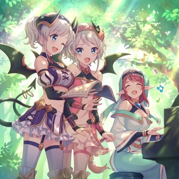 3girls :d ;d akari_(princess_connect!) album_cover bare_shoulders black_bridal_gauntlets black_horns black_wings blue_eyes blush breasts bridal_gauntlets cleavage closed_eyes cover cygames demon_girl demon_horns demon_tail demon_wings detached_sleeves dress elf english_text forest frilled_skirt frills garter_straps grey_hair halter_dress halterneck highres holding horns instrument large_breasts midriff misato_(princess_connect!) multiple_girls music musical_note nature navel official_art one_eye_closed open_mouth piano pink_dress playing_instrument playing_piano pointy_ears priestess princess_connect! red_hair sheet_music short_hair short_twintails siblings singing sisters sitting skirt sleeveless sleeveless_dress smile standing tail tail_ornament tail_ring twins twintails wide_sleeves wings yori_(princess_connect!)