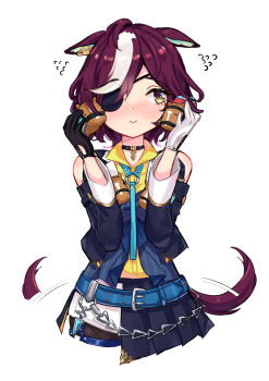1girl absurdres animal_ears asymmetrical_gloves bare_shoulders belt black_choker black_gloves blue_belt blue_necktie blush brown_hair choker closed_mouth detached_sleeves ear_ornament eyepatch gloves hair_between_eyes hair_over_one_eye highres holding horse_ears horse_girl horse_tail jacket long_sleeves mismatched_gloves multicolored_hair necktie pendant_choker purple_hair shirt short_hair skirt sleeveless sleeveless_jacket smile solo streaked_hair stuffed_animal stuffed_horse stuffed_toy tail tail_wagging tanino_gimlet_(embodiment_of_keravnos)_(umamusume) tanino_gimlet_(racehorse) tanino_gimlet_(umamusume) ukichan22905846 umamusume white_gloves white_hair yellow_eyes yellow_shirt