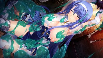 1girl armor arms_up bdsm blue_hair blush bondage bound breasts chain choukou_(alicesoft) choukou_shinki_ixseal closed_eyes dissolving_clothes elbow_gloves ellis_xillia game_cg gloves hairband large_breasts large_variant_set long_hair nipples non-web_source official_art onigirikun restrained slime_(creature) slime_(substance) solo tentacles thighhighs torn_clothes variant_set white_hairband white_thighhighs