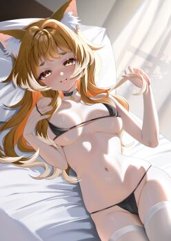 1girl animal_ear_fluff animal_ears bed black_bra black_choker black_panties blush bra breasts choker commentary_request commission cowboy_shot curtains day garimayo head_on_pillow highres holding holding_own_hair indoors long_hair looking_at_viewer lying medium_breasts navel nose_blush on_back on_bed open_mouth orange_hair original panties pendant_choker pillow shiny_skin skeb_commission solo stomach strap_pull string_bra string_panties thighhighs tongue tongue_out underwear underwear_only white_thighhighs window wispy_bangs yellow_eyes