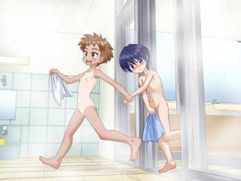 1boy 1girl absurdres bathroom blue_hair blush brown_eyes brown_hair censored completely_nude covering_crotch covering_privates embarrassed flat_chest full_body highres holding holding_hands holding_towel indoors loli mixed-sex_bathing mosaic_censoring navel nipples nude nude_cover one-piece_tan open_mouth original purple_eyes shared_bathing short_hair shota shy smile standing steam tagme tan tanline tokitugedori tokitugedori tomboy towel walking