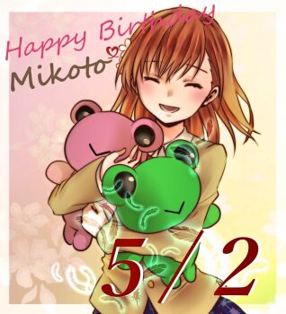 Rule 34 | 1girl, :>, :d, asymmetrical bangs, birthday date, blazer, blue skirt, blush, brown hair, brown jacket, buttons, character name, closed eyes, collared shirt, commentary request, feathers, floral background, flower, flower hairpin, gekota, hair between eyes, hair flower, hair ornament, happy, happy birthday, heart, holding, holding stuffed toy, jacket, long sleeves, medium hair, misaka mikoto, negiko123123, open mouth, partial commentary, plaid clothes, plaid skirt, pyonko, school uniform, shirt, skirt, smile, solo, stuffed animal, stuffed frog, stuffed toy, toaru kagaku no railgun, toaru majutsu no index, tokiwadai school uniform, upper body, white flower, white shirt, winter uniform