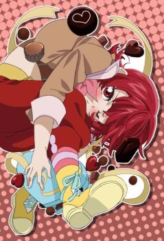 Rule 34 | 1girl, box, box of chocolates, candy, chocolate, chocolate heart, closed mouth, food, full body, fumiko (mesushi), gift, gift box, heart, heart-shaped box, heart-shaped food, holding, holding gift, iria animi, looking at viewer, one eye closed, polka dot, polka dot background, red eyes, red hair, short hair, solo, tales of (series), tales of innocence, valentine