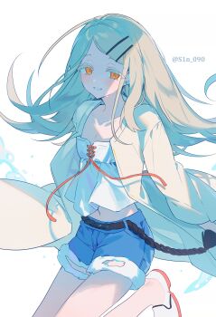 absurdres belt black_belt blonde_hair blush camisole collarbone colored_eyelashes cowboy_shot denim denim_shorts earrings flat_chest flipped_hair floating_hair gakuen_idolmaster hair_ornament hairclip hashtag-only_commentary highres idolmaster jewelry long_hair looking_at_viewer midriff open_clothes open_mouth open_robe orange_eyes parallel_hairclips red_ribbon ribbon robe rope_belt shade shinosawa_hiro shoes shorts simple_background sin_090 smile standing standing_on_one_leg stud_earrings sweat twitter_username water_drop white_background white_camisole white_robe white_shoes