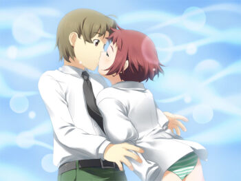 1boy 1girl ahoge amputee armless_amputee artist_request belt black_belt black_necktie blush bottomless brown_eyes brown_hair collared_shirt double_amputee game_cg green_pants katawa_shoujo kiss lens_flare long_sleeves nakai_hisao necktie non-web_source official_art panties pants red_hair school_uniform shirt short_hair sleeve_tied_shut spoilers striped_clothes striped_panties tezuka_rin underwear very_short_hair white_shirt yamaku_high_school_uniform