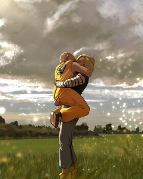 1boy 1girl android_18 bald bald_male blonde_hair broonoart cloud cloudy_sky couple dragon_ball grabbing_another's_ass grass groping hug husband_and_wife kiss kuririn lifting_person sky sparkle_background tree