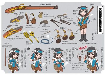 1girl absurdres aka-kabuto_no_gema antique_firearm armor arquebus black_hair black_socks blue_eyes bougu brown_sailor_collar brown_skirt dou equipment_layout firearm firelock forehead_protector freckles gun gunpowder headband highres holding holding_gun holding_weapon how_to information_sheet japanese_armor kote match_cord matchlock no_shoes original pleated_skirt powder_flask ramrod reloading sailor_collar school_uniform serafuku shirt skirt socks standing tanegashima_(gun) tools weapon white_shirt