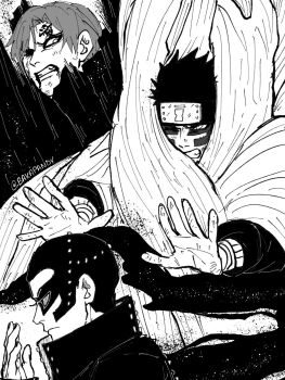 3boys bakapandy blood blood_from_mouth boruto:_two_blue_vortex clenched_teeth commentary eyeliner forehead_protector forehead_tattoo gaara_(naruto) greyscale headband highres makeup male_focus monochrome multiple_boys naruto_(series) one_eye_closed ringed_eyes ryu_(boruto) shinki_(boruto) tattoo teeth tree twitter_username
