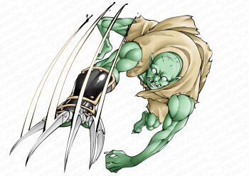 1boy bald barefoot claws colored_skin commentary_request dougi fangs gauntlets green_skin japanese_clothes jumping kazeya_kazuya monster muscular muscular_male pointy_ears samurai_spirits sanpaku shiranui_gen-an single_gauntlet slashing torn_clothes weapon white_background