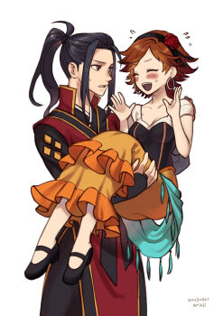 1boy 1girl absurdres agnea_bristarni ariazi arms_up artist_name black_hair blush breasts brown_hair carrying carrying_person closed_eyes commentary_request dated earrings flying_sweatdrops high_ponytail highres hikari_ku hoop_earrings jewelry looking_at_another medium_breasts octopath_traveler octopath_traveler_ii open_mouth ponytail simple_background smile standing sweat teeth upper_teeth_only white_background