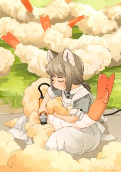 1girl akai_sashimi animal animal_ears apron arm_rest blush braid braided_ponytail cable cat_ears cat_girl cat_tail closed_eyes closed_mouth collared_dress dress electric_razor eyelashes facing_to_the_side facing_viewer fluffy food from_side full_body grass grey_dress grey_hair hair_clipper highres holding long_hair maid_apron mat original outdoors oversized_animal oversized_food oversized_object puffy_short_sleeves puffy_sleeves razor shaved_body shaving shearing short_sleeves shrimp shrimp_tempura signature single_braid sitting sleeve_cuffs solo tail tempura thick_eyebrows u_u what white_apron wing_collar wool